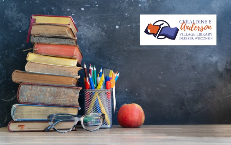 Stack-of-books-cup-of-pencils-apple-and-glasses-in-front-of-Black-Chalkboard