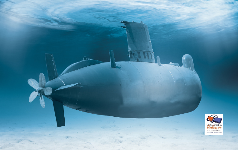 Old Style submarine with propeller in blue ocean