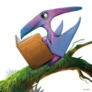 Purple Cartoon pterodactyl reading on a green branch