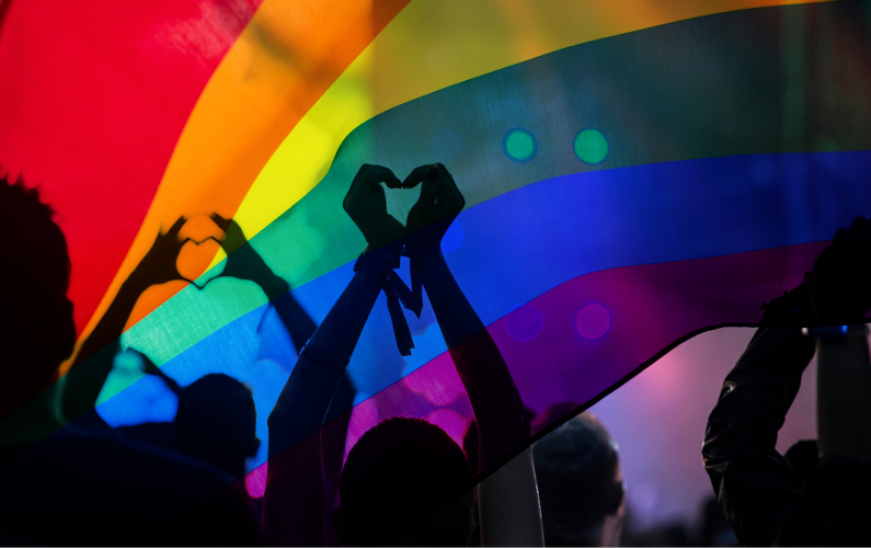 Silhouettes of people in front of a rainbow flag, with some forming heart shapes with their hands.